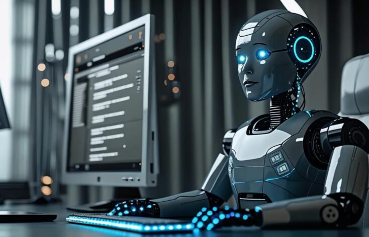 i want dark black background. Only the robot and the key board and monitor should be visible